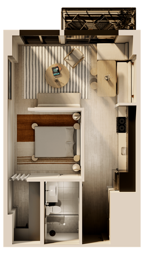 Floor plan for 1 bed, 1 bath, 641 sqft